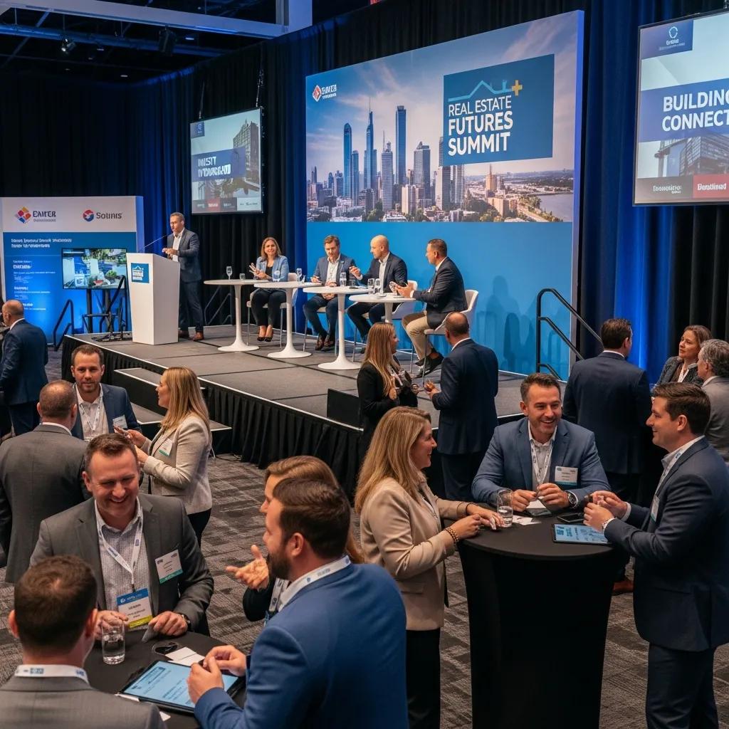 Attendees networking at a real estate event, exchanging ideas and business cards