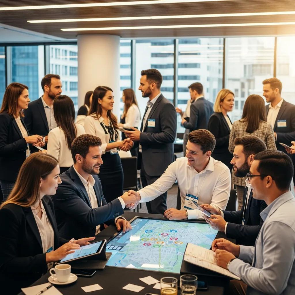 Diverse group of real estate investors networking at a conference event