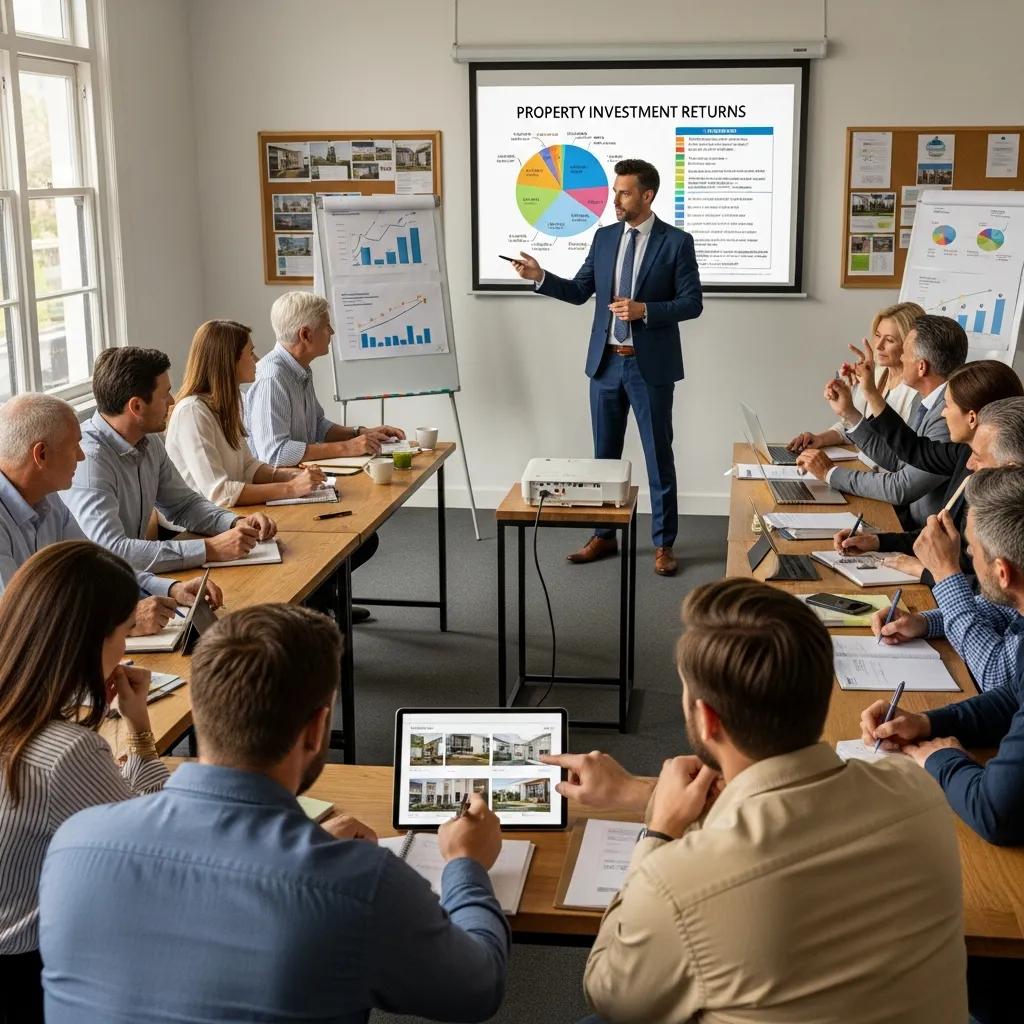 Real estate workshop with an educator presenting to engaged investors