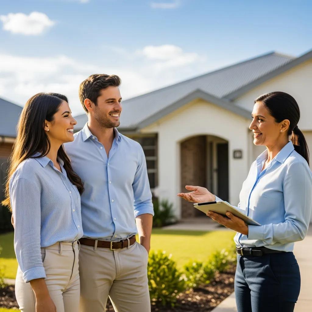 Young couple exploring entry-level real estate investment options with an agent
